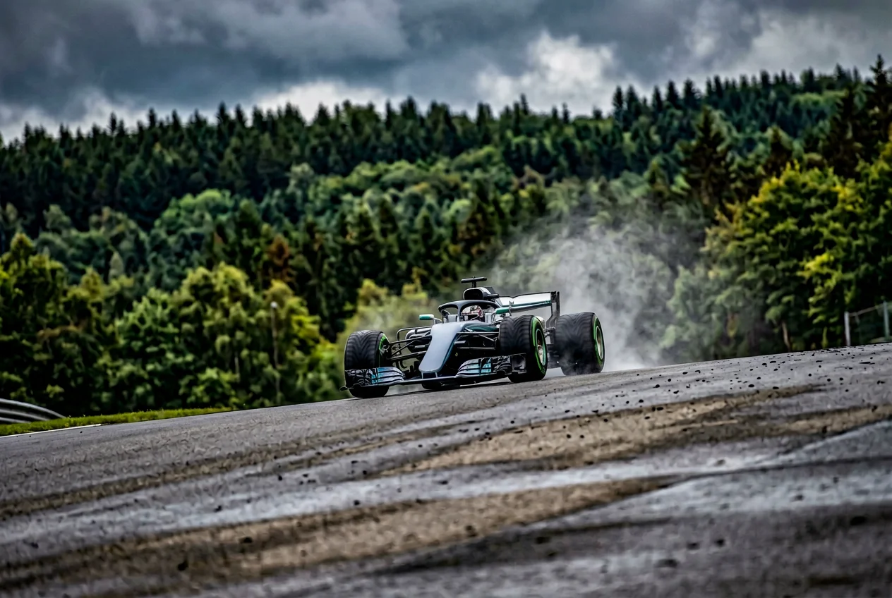 F1 cars climbing Eau Rouge at Spa-Francorchamps in mixed weather conditions