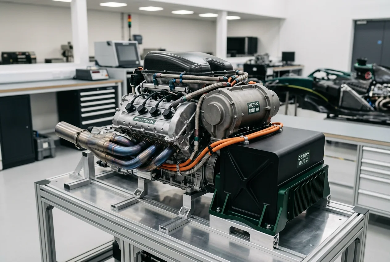 2026 specification Formula 1 power unit on a test rig under workshop lighting