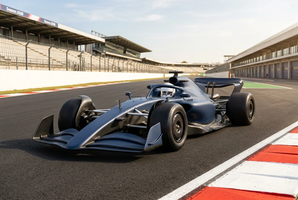 A 2026-specification F1 car on a sunlit grandstand straight marking the start of the new regulation era