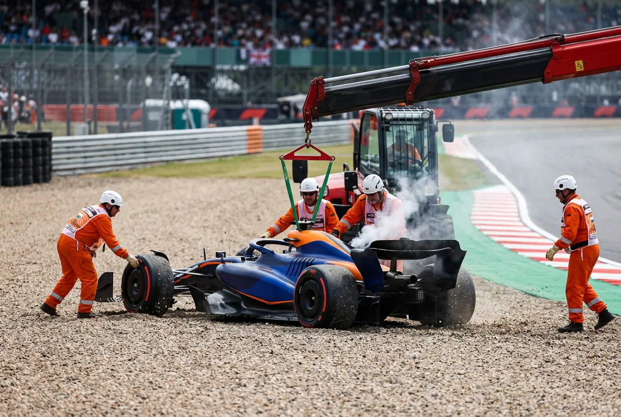 An F1 car being recovered from a gravel trap by marshals after a mechanical retirement during a race