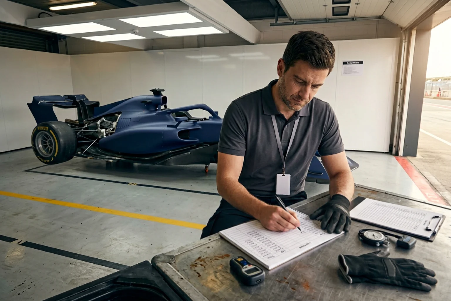 An F1 garage mechanic recording lap times in a notebook under pit-lane lighting in a UK paddock
