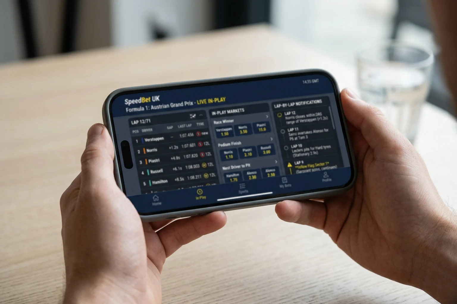 A smartphone displaying a UK bookmaker app with live F1 race timing and in-play betting markets visible