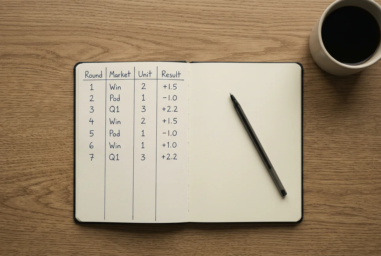 Open notebook with a hand-written staking plan showing unit sizes and weekly exposure caps