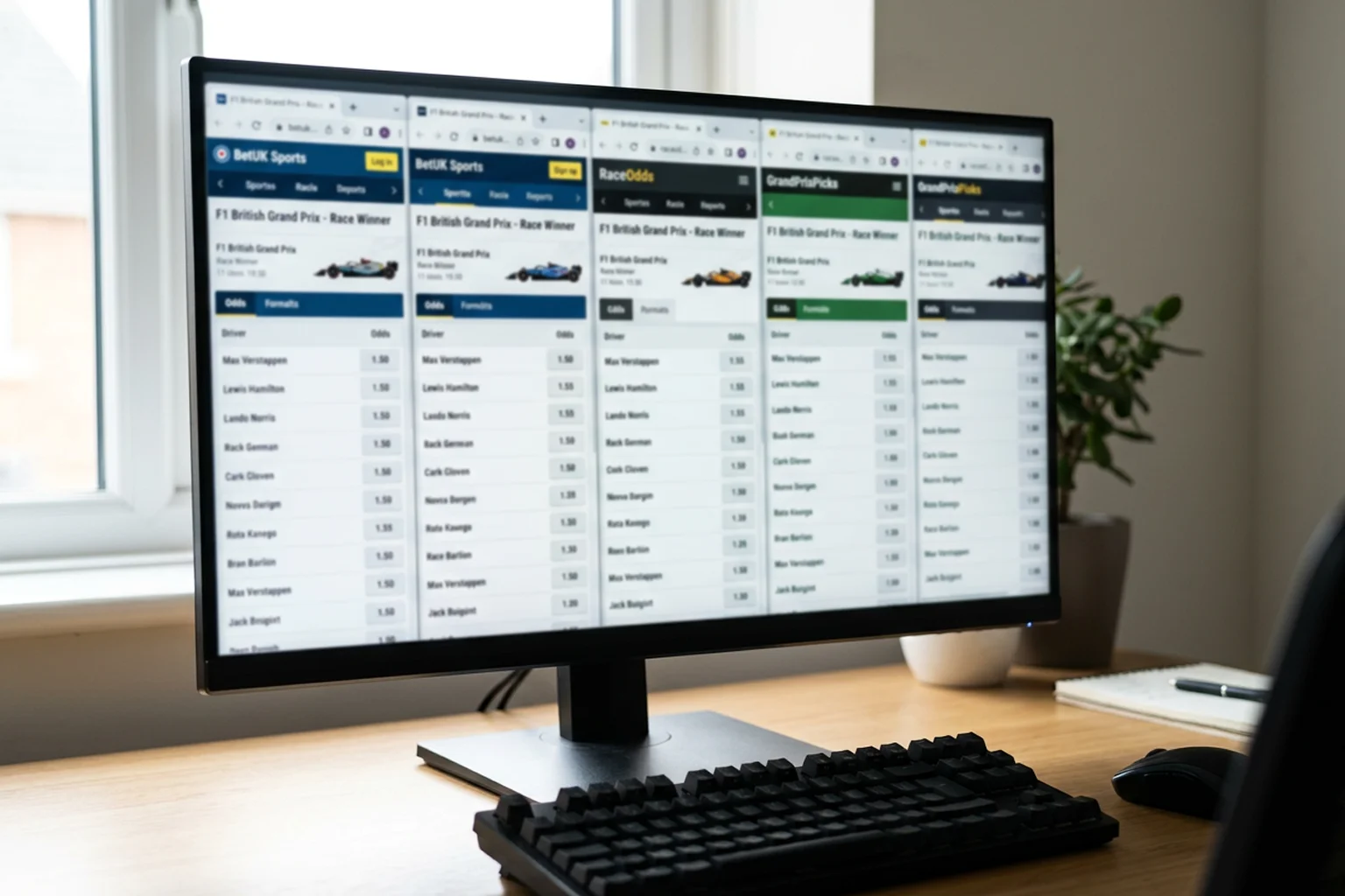A desktop screen showing multiple UK bookmaker price comparisons for the same F1 race winner market