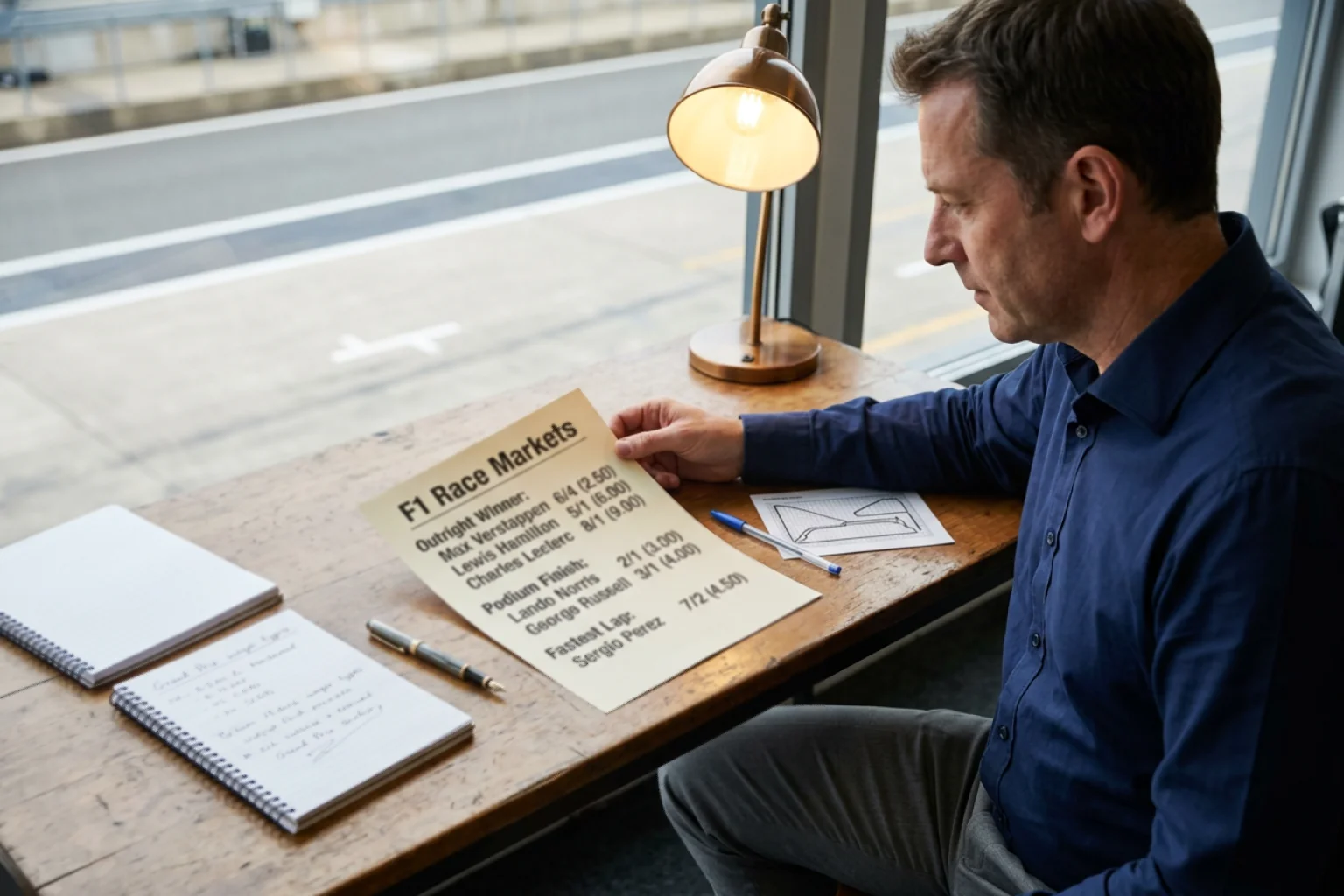 Motorsport editor reviewing an F1 race-day market board with fractional and decimal odds