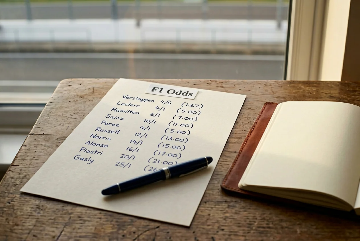 Hand-written F1 odds notes on a wooden desk with fractional and decimal conversions and a paddock view through the window