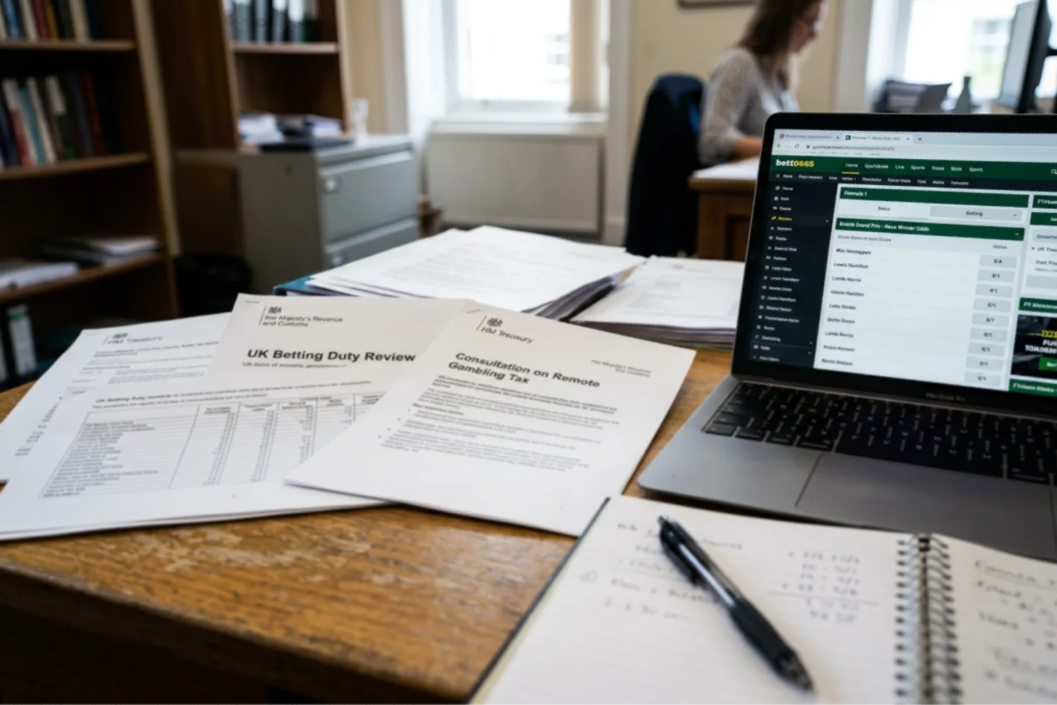 A desk with HM Treasury tax paperwork beside a laptop screen displaying F1 betting odds in a UK office setting