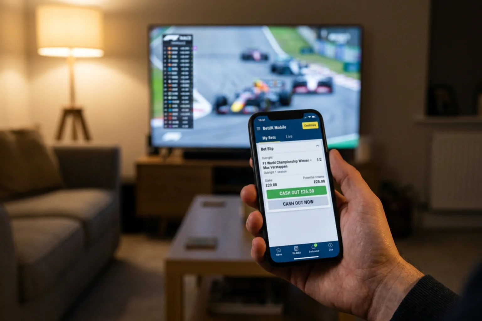A mobile bookmaker app showing a cash-out offer on an F1 outright bet during a live race