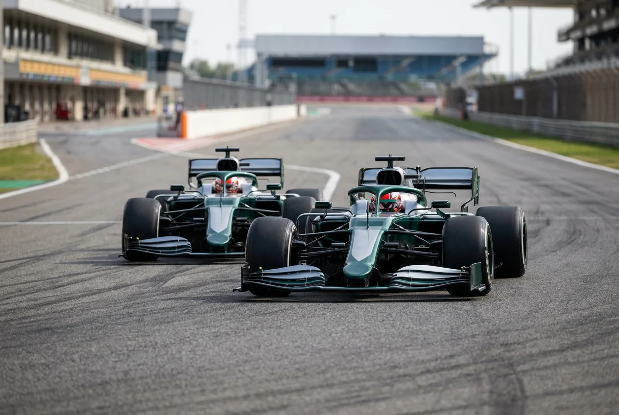 Two team cars in identical livery running closely on track during a Grand Prix