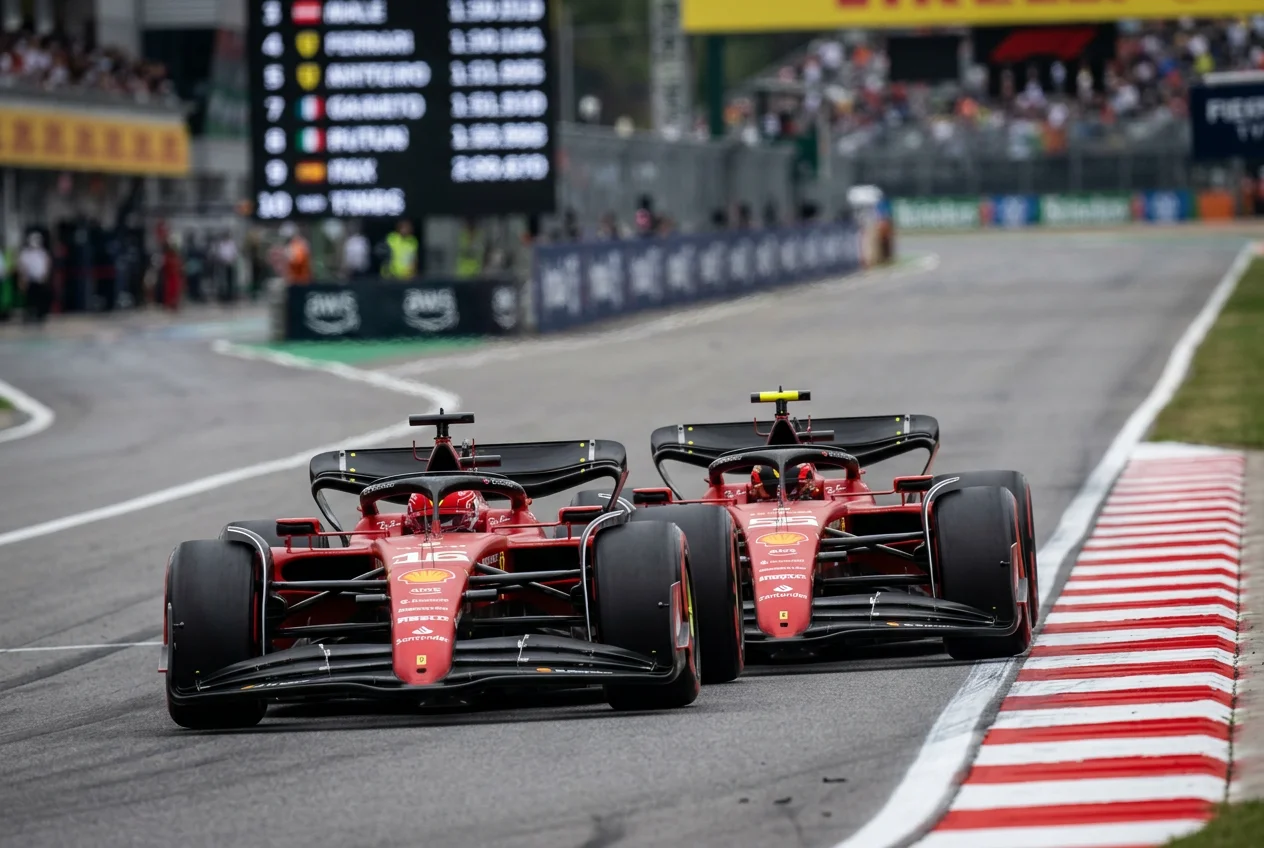 Two F1 teammates running side by side through a fast corner with timing data visible on the trackside screen