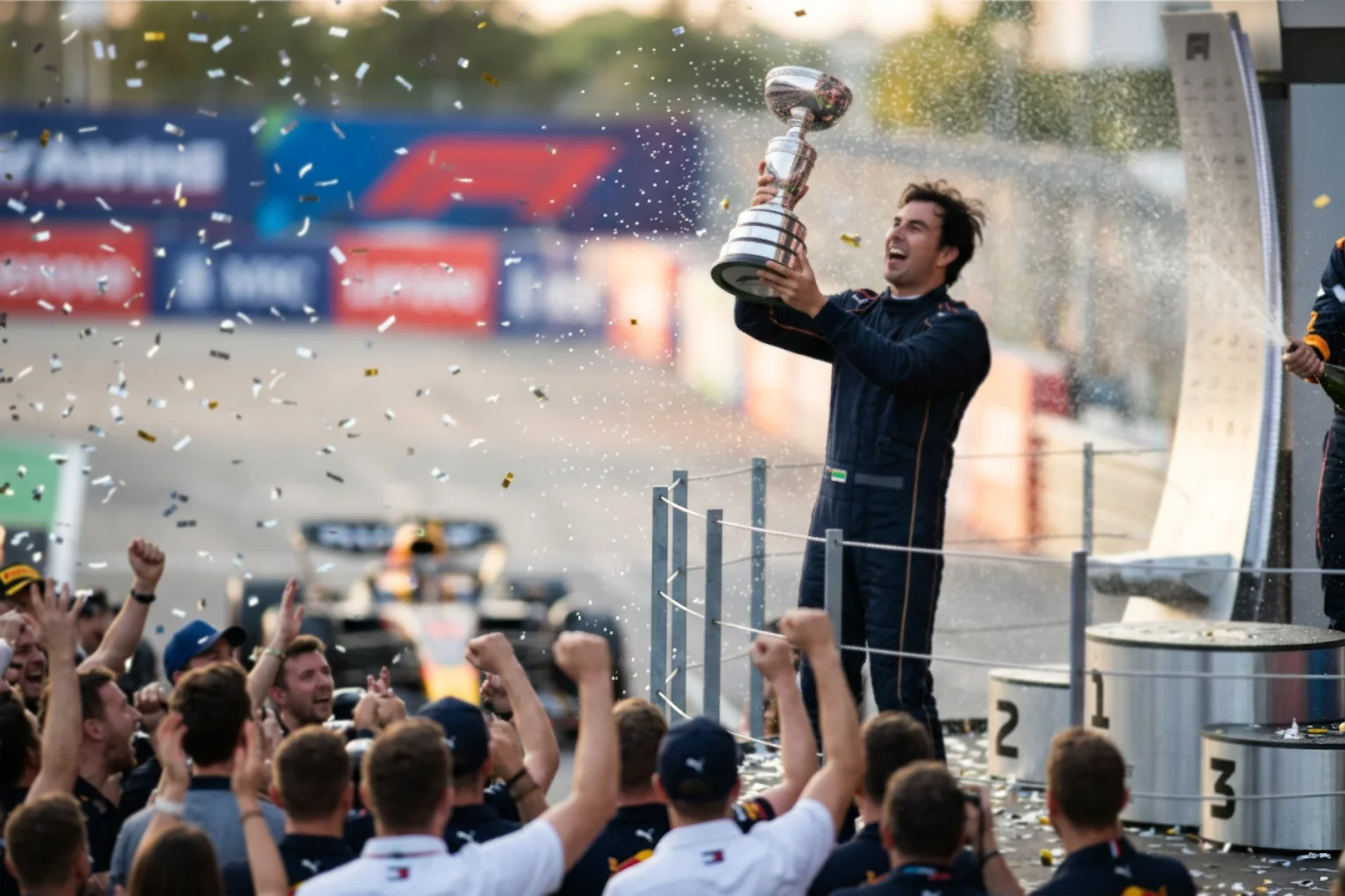 A driver holding the World Championship trophy aloft on a podium under the falling confetti at the season finale