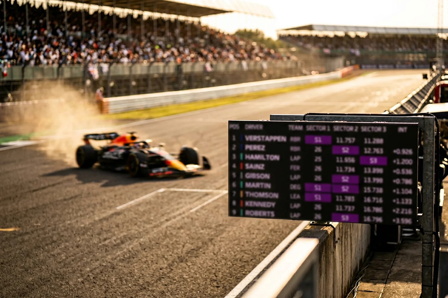 F1 timing screen showing fastest lap timing data with sector splits during the closing laps of a Grand Prix