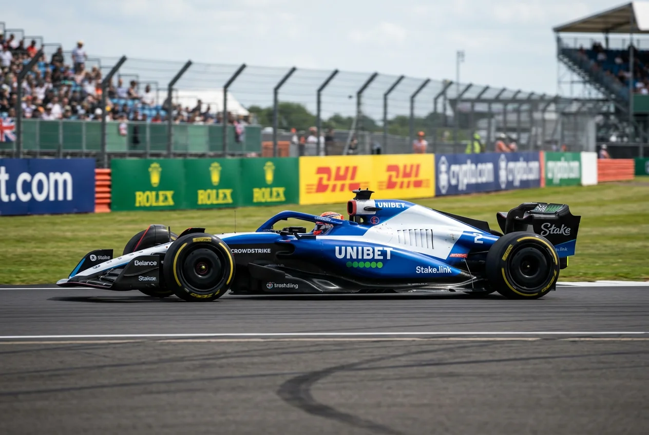 An F1 car running with sponsor decals visible on the sidepods and rear wing during a race weekend