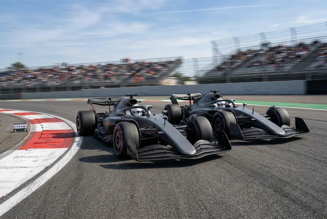 F1 cars sweeping through a chicane under bright daylight with motion blur capturing live race tempo