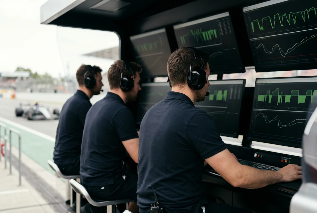 Race engineers on a Formula 1 pit wall watching live telemetry screens during a Grand Prix