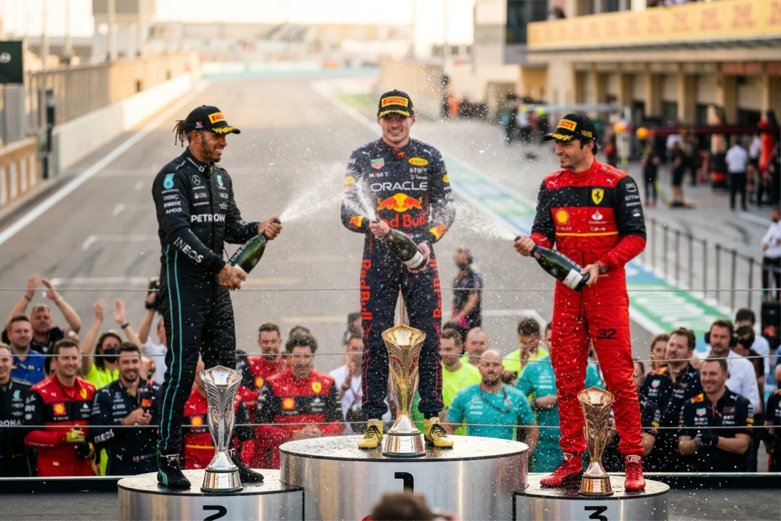 The top three drivers spraying champagne on the podium after a Grand Prix with their trophies visible