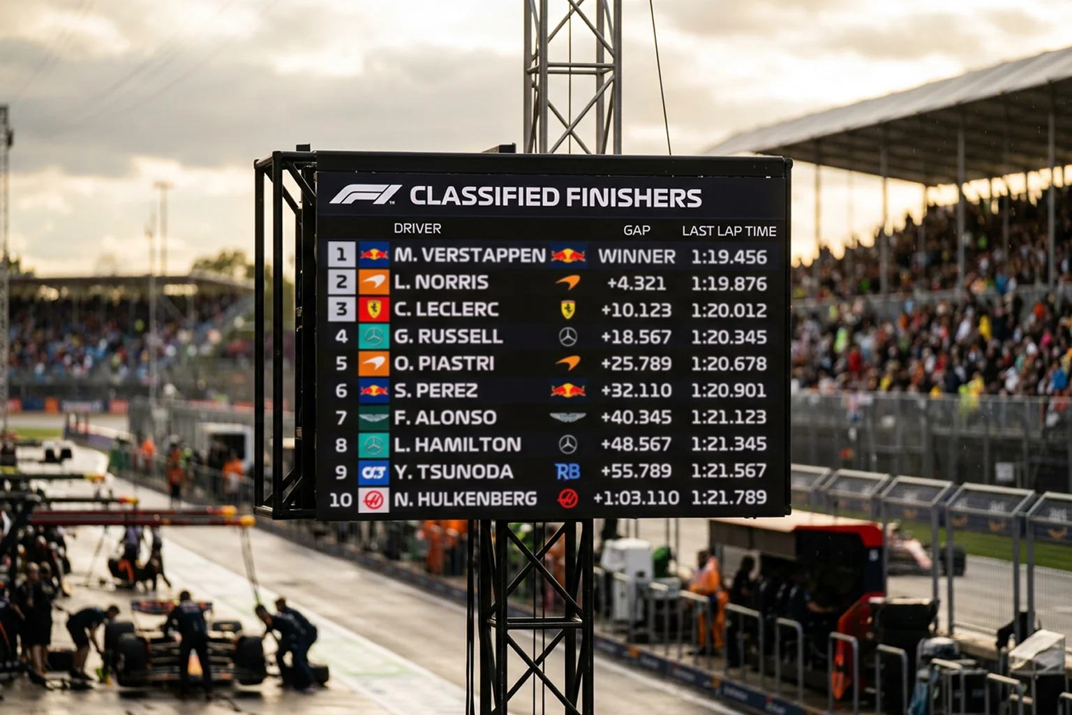 A timing screen showing the top ten classified drivers at the chequered flag with their gaps to the leader