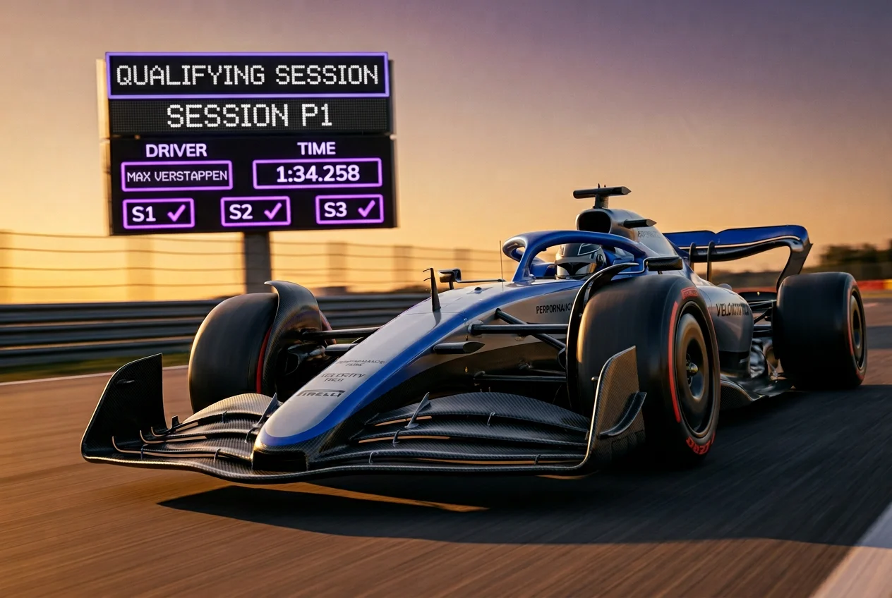 An F1 car lighting up the timing screens during a flying qualifying lap as the sun sets behind the circuit