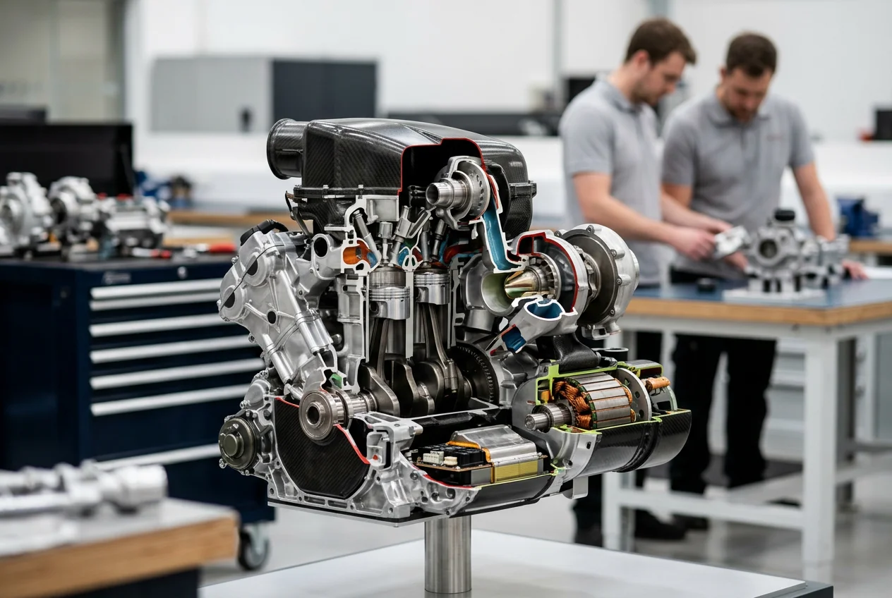 An F1 power unit on display in a workshop with engineers working in the background
