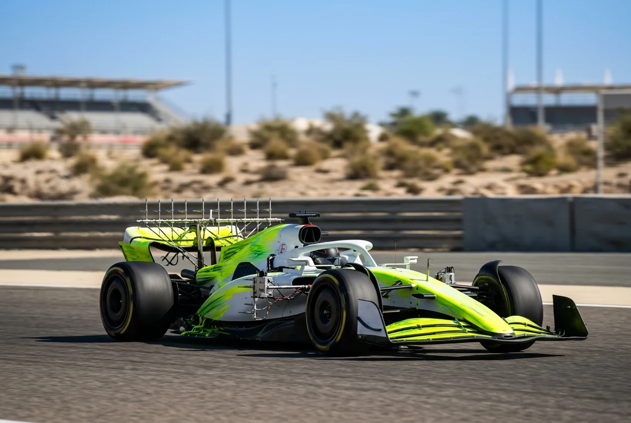 An F1 car running with sensor equipment during a pre-season testing session at the Bahrain International Circuit