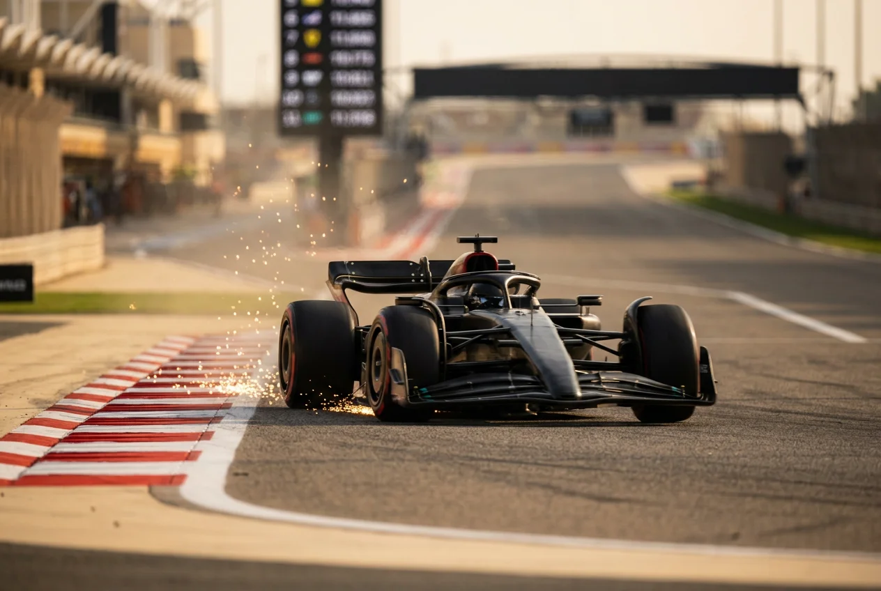 An F1 car on a flying qualifying lap with the timing tower visible in the background