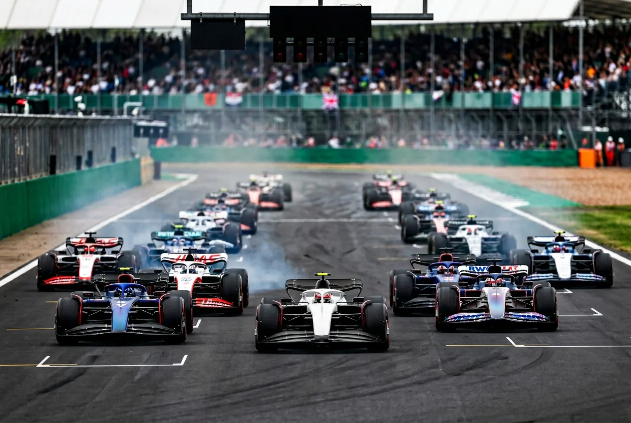 Formula 1 grid at lights-out, leading cars accelerating into turn one