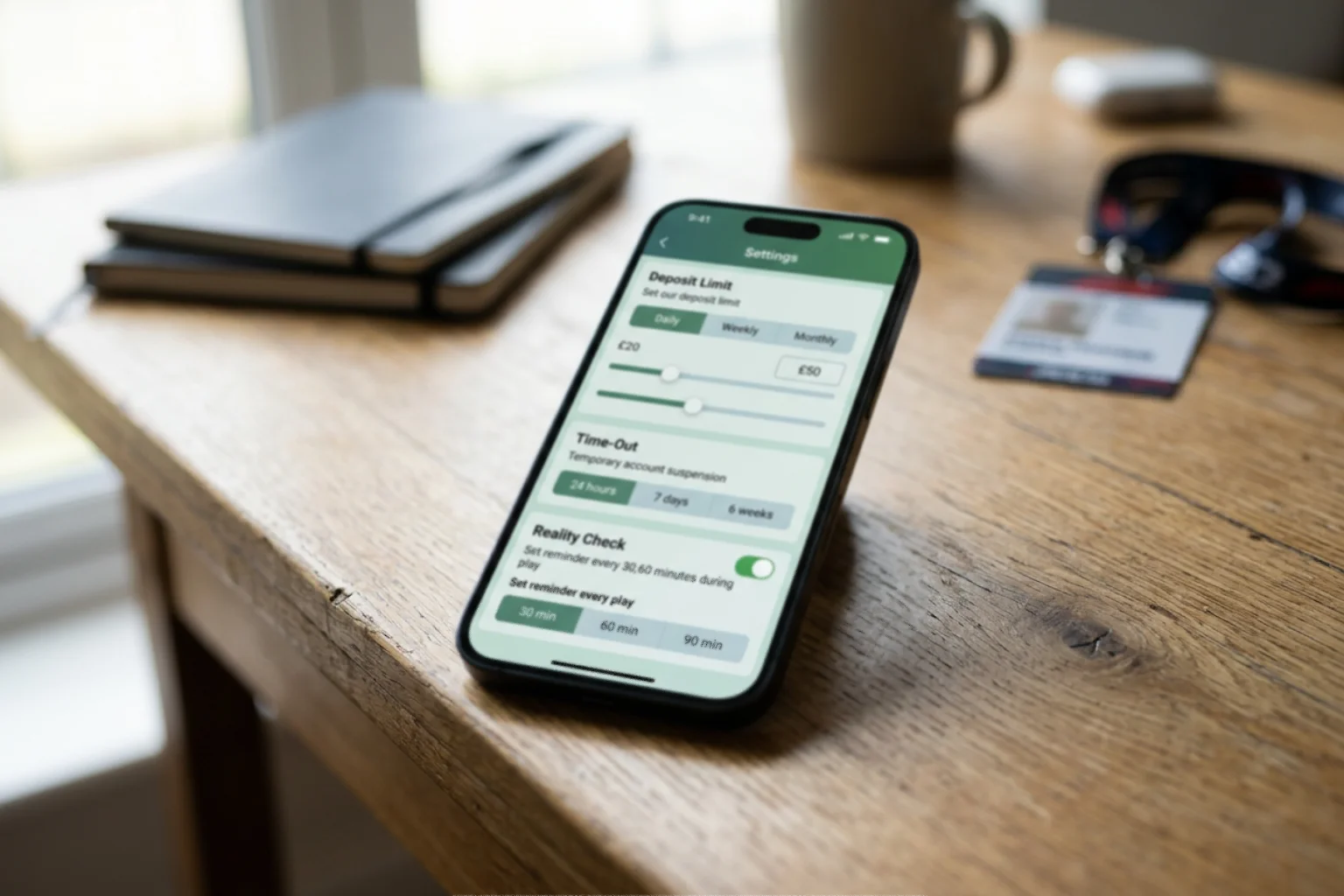 A mobile betting app showing the responsible gambling tools menu with deposit limit and time-out options