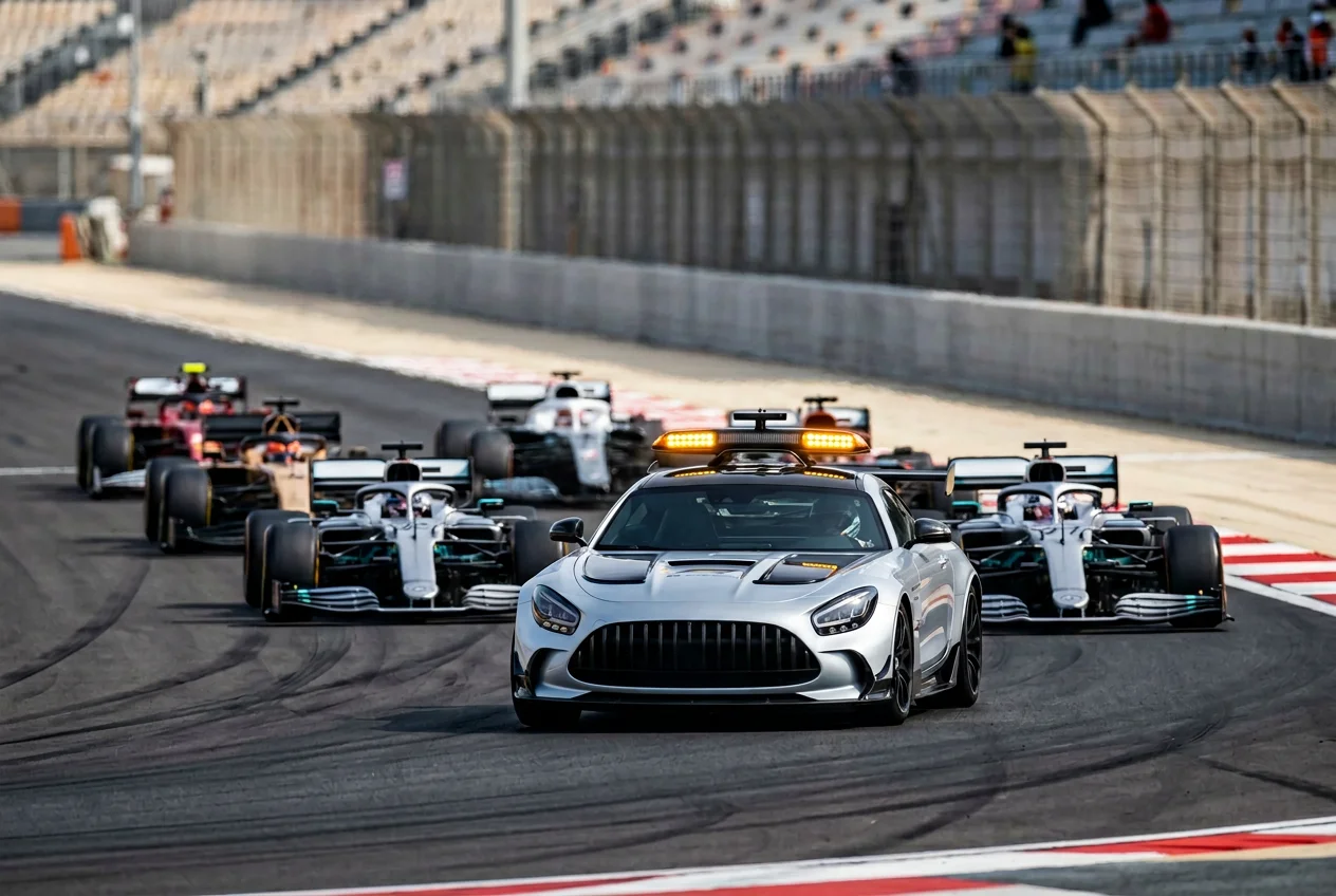 F1 safety car on track during a Grand Prix, showing the lead pack bunched up behind the Mercedes safety car