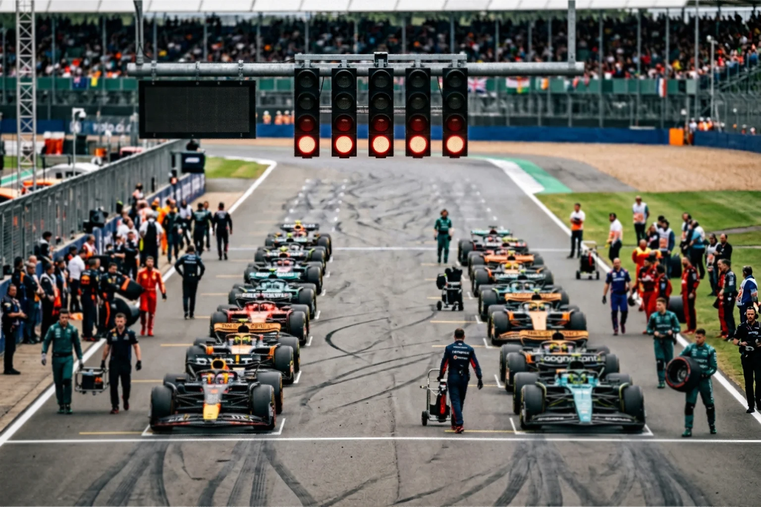 F1 cars lining up on a sprint race grid with the start lights illuminated above