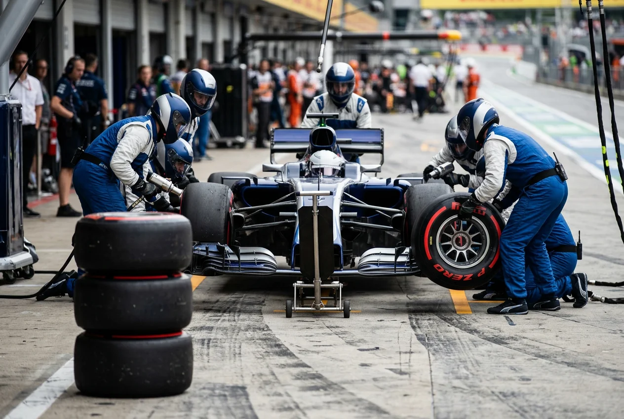 F1 pit crew performing a tyre change with fresh sets of soft compound tyres visible in the foreground