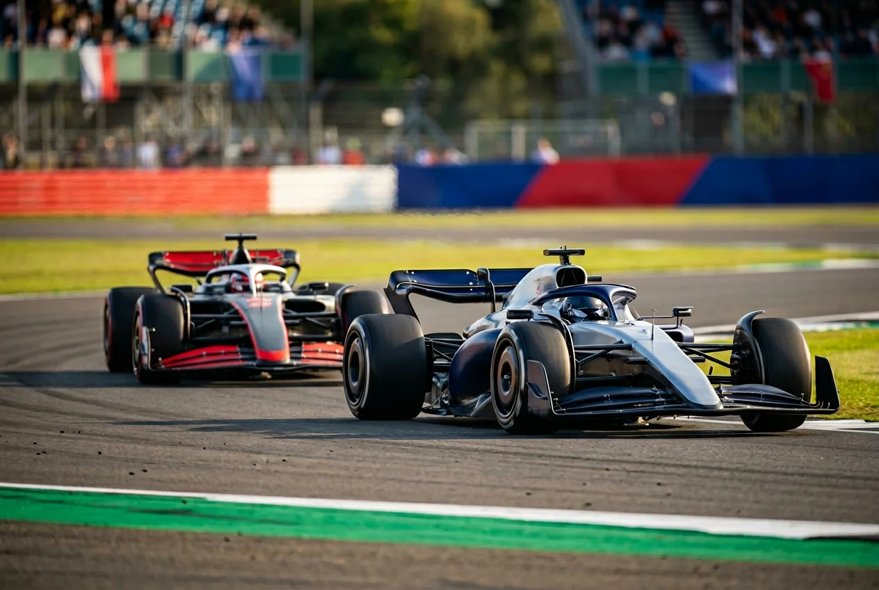 Formula 1 cars approaching the apex on a UK circuit at dusk