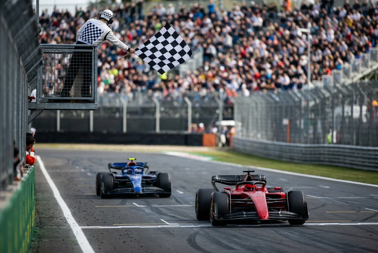 Two F1 cars crossing the finish line with a small gap between first and second visible on the timing screen