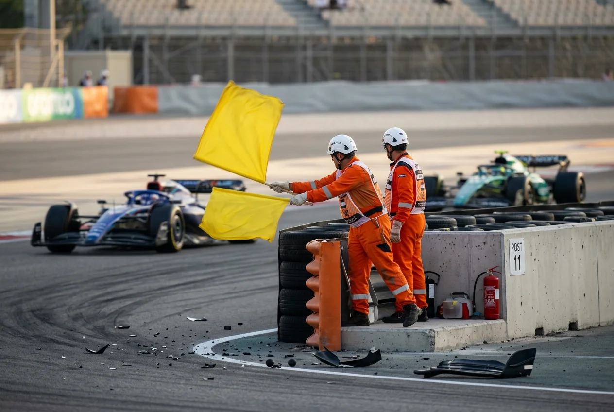 F1 marshals waving yellow flags trackside during a Grand Prix while cars pass at reduced speed