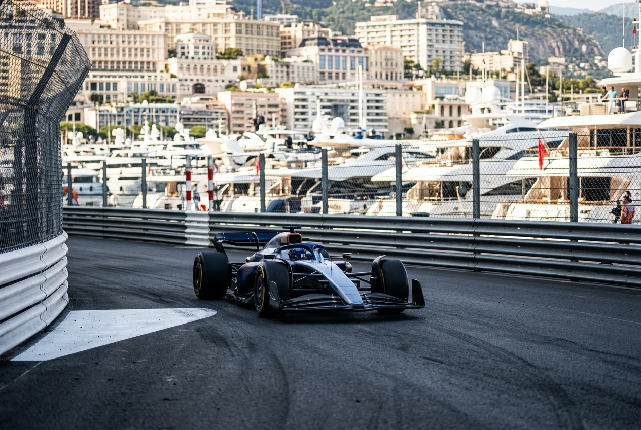 F1 car threading through the swimming pool complex at Monaco with yachts visible in the background