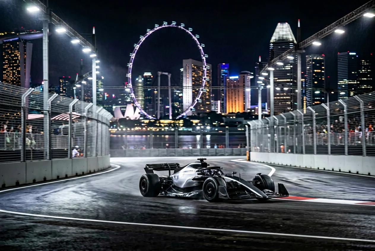 F1 car racing under the Marina Bay floodlights at night during the Singapore Grand Prix