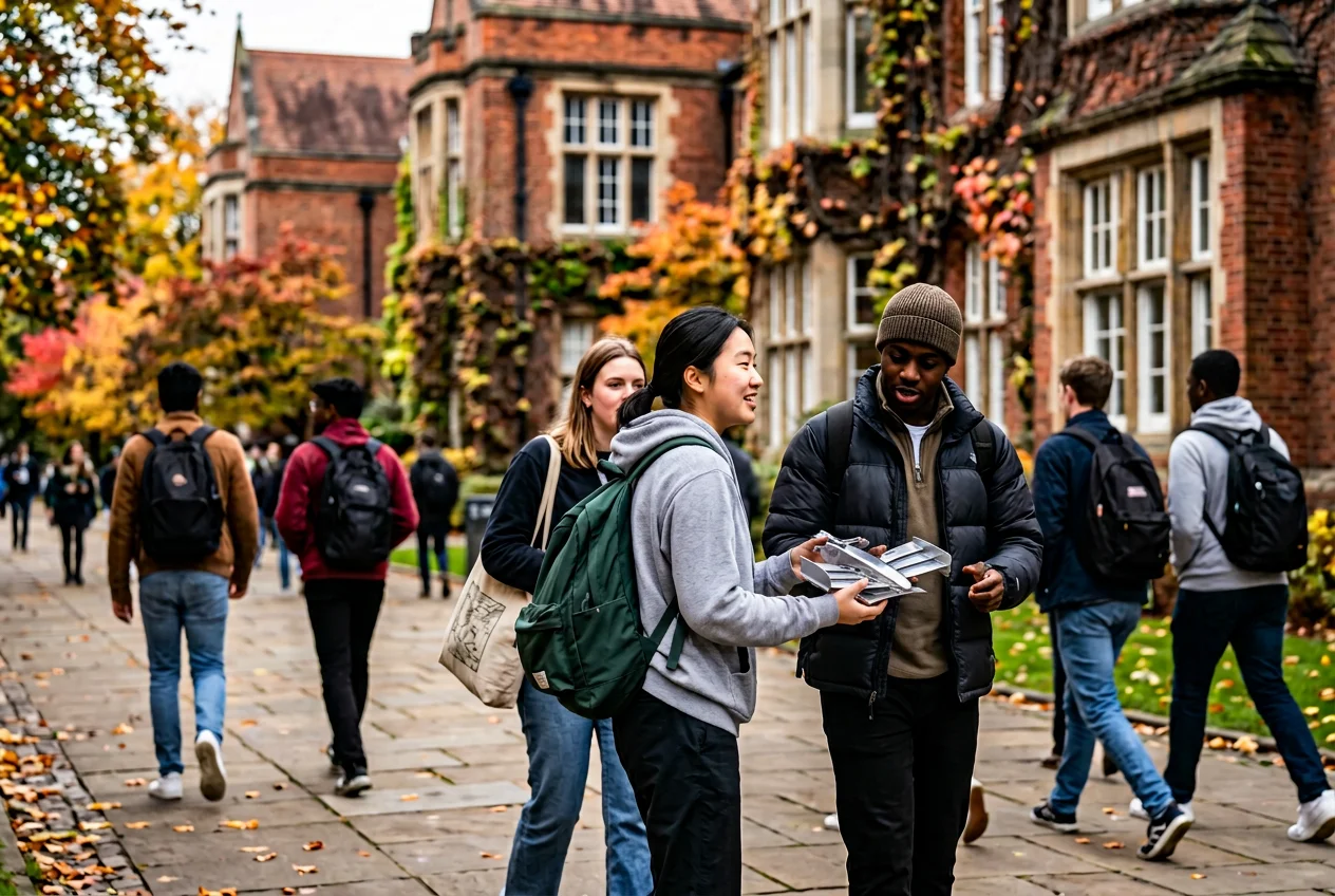 A university campus walkway with students walking past during a busy term-time afternoon