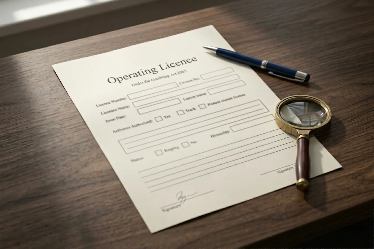 UK Gambling Commission licence document on a desk under editorial lighting